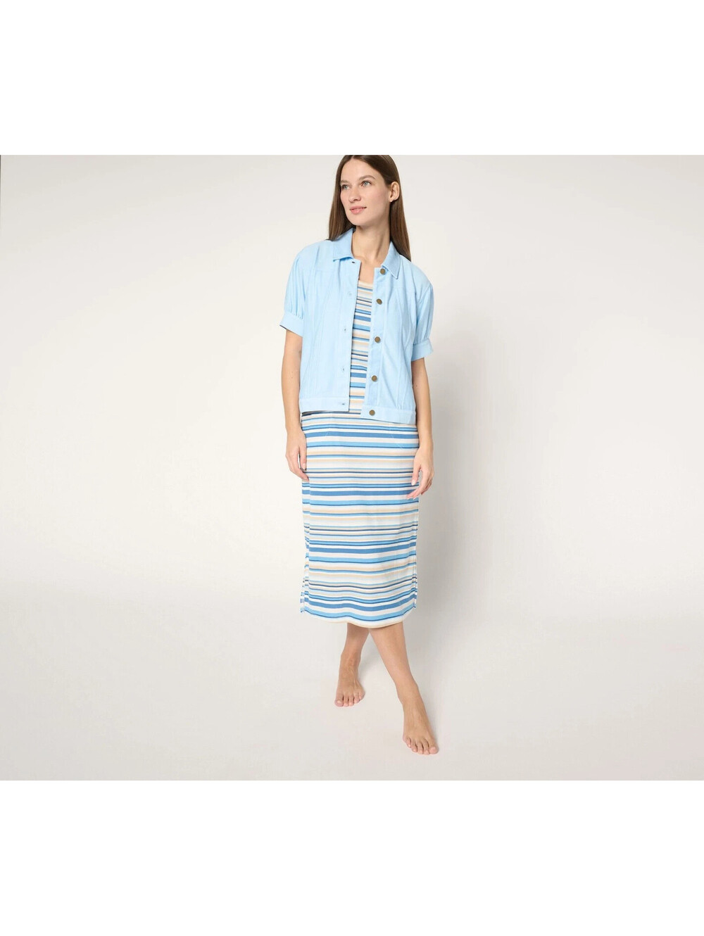 Muk Luks Stretch Faux Denim Topper & Rib Knit Lounge Dress Denim/Stripe XL #612T